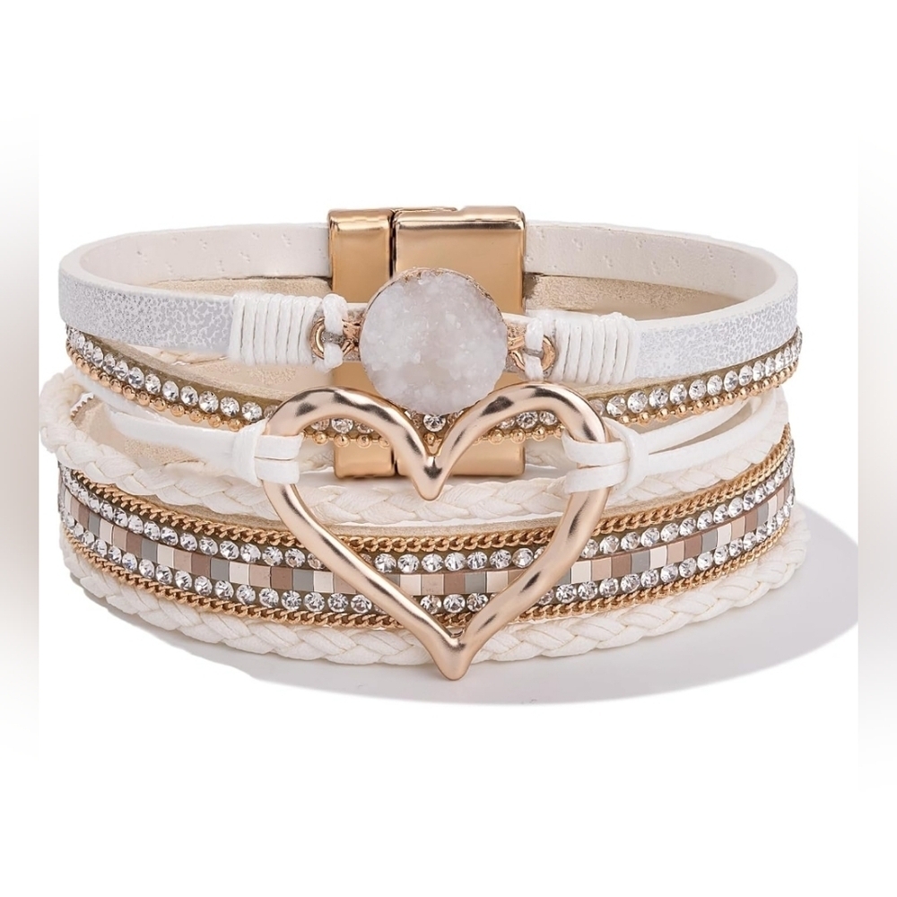 White Faux Druzy Faux Leather Heart Multi-Layered Magnetic Bracelet 22$